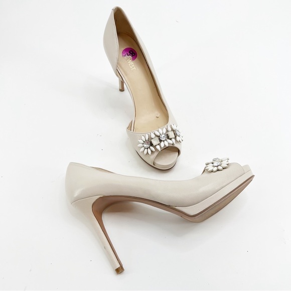 Nine West Shoes - Nine West Cream Leather D’Orsay Jeweled Peep Heels, Size 8.5M